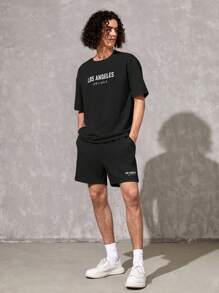 SWAVVY 1 件休闲字母图案落肩 T 恤 - 黑色 - 查看 5