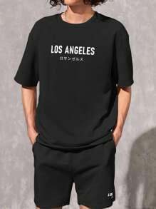 SWAVVY 1 件休闲字母图案落肩 T 恤 - 黑色 - 查看 7