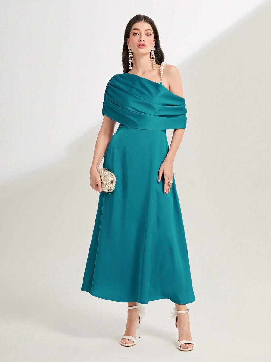 Modelyn Asymmetrical Neck Ruched Detail Dress - Cadet Blue - View 1