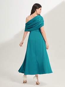 Modelyn Asymmetrical Neck Ruched Detail Dress - Cadet Blue - View 2