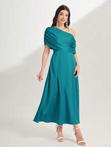 Modelyn Asymmetrical Neck Ruched Detail Dress - Cadet Blue - View 3