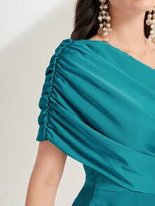 Modelyn Asymmetrical Neck Ruched Detail Dress - Cadet Blue - View 5