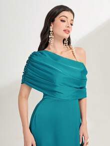 Modelyn Asymmetrical Neck Ruched Detail Dress - Cadet Blue - View 6