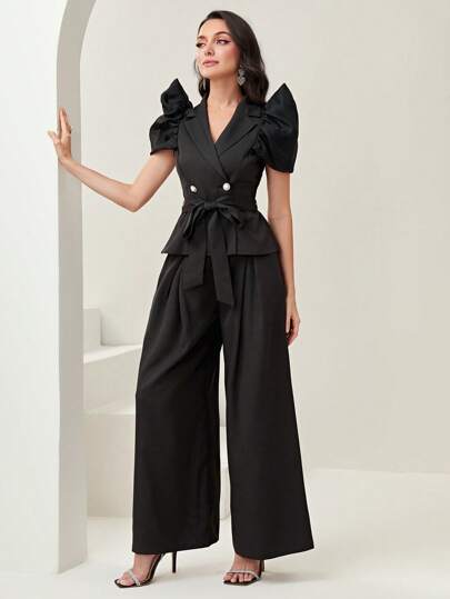 Modelyn Puff Sleeve Belted Top & Wide Leg Trousers