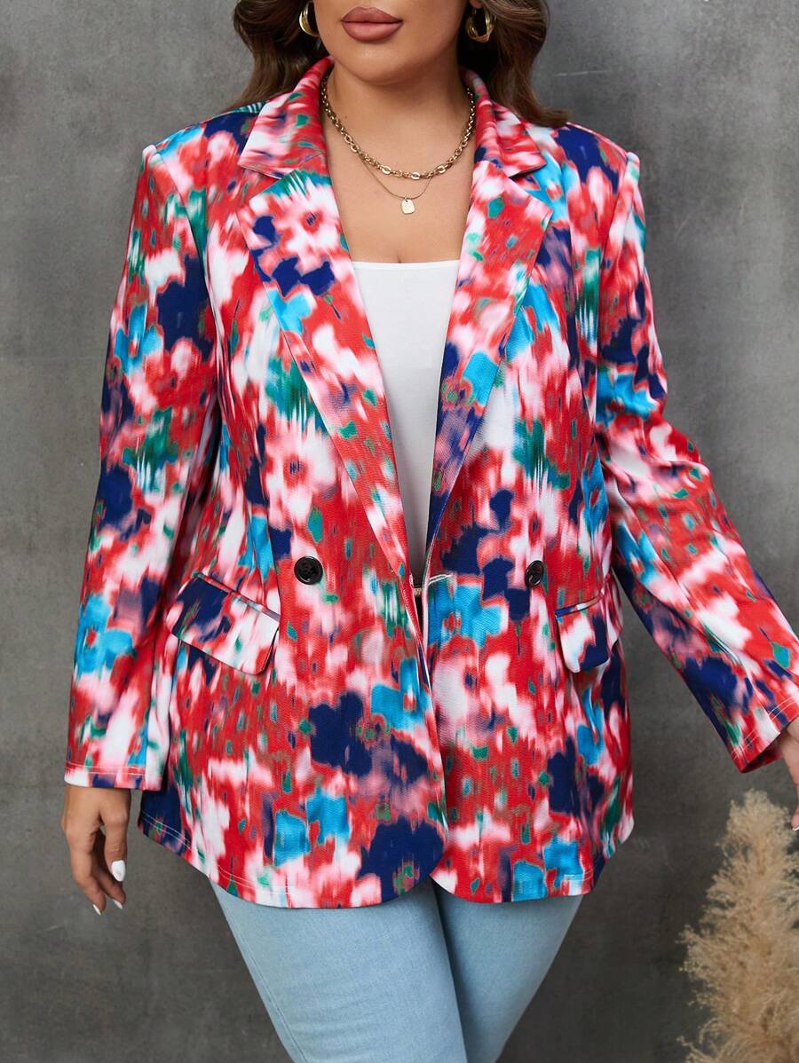 SHEIN LUNE Plus 1pc Allover Print Double Breasted Blazer - Multicolor - View 1