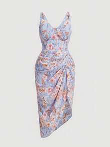 SHEIN MOD 大碼印花胸部褶皺吊帶洋裝 - 彩色 - 查看 1