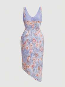 SHEIN MOD 大碼印花胸部褶皺吊帶洋裝 - 彩色 - 查看 2