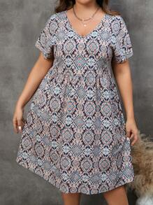 SHEIN LUNE Plus Allover Floral Print Smock Dress - Multicolor - View 1