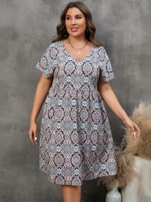 SHEIN LUNE Plus Allover Floral Print Smock Dress - Multicolor - View 3