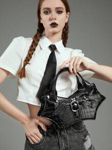 ROMWE Goth Medium Satchel Bag Crocodile Embossed Buckle Decor For Work - Black - View 1