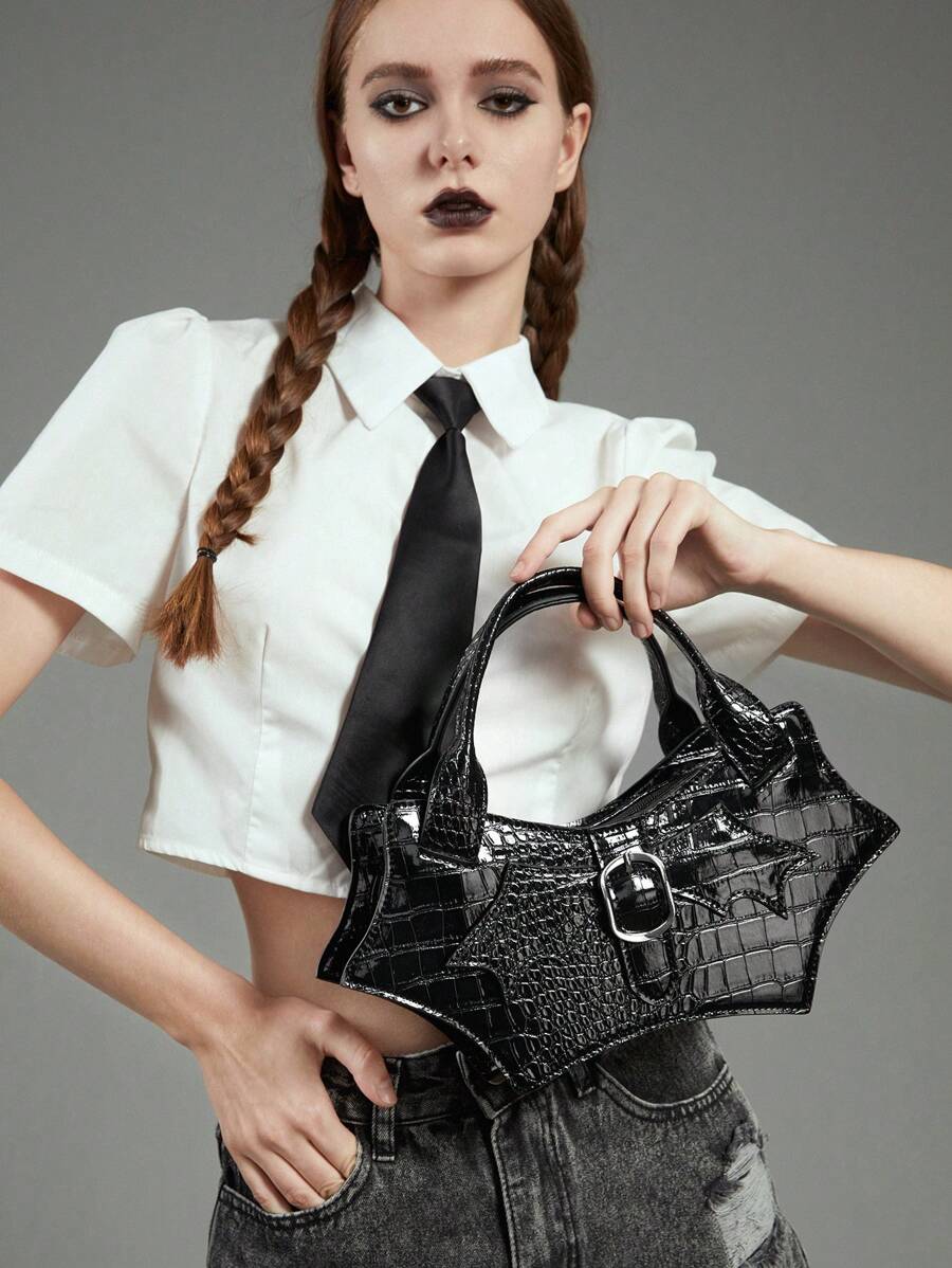 ROMWE Goth Medium Satchel Bag Crocodile Embossed Buckle Decor For Work - Black - View 1