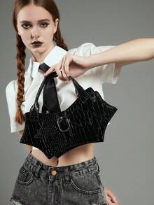 ROMWE Goth Medium Satchel Bag Crocodile Embossed Buckle Decor For Work - Black - View 3