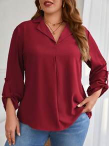 SHEIN Frenchy Plus Roll Tab Sleeve Solid Blouse - Burgundy - View 1