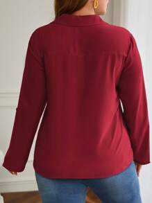 SHEIN Frenchy Plus Roll Tab Sleeve Solid Blouse - Burgundy - View 2