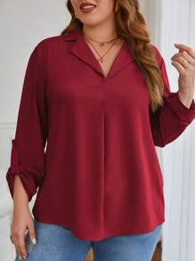 SHEIN Frenchy Plus Roll Tab Sleeve Solid Blouse - Burgundy - View 3