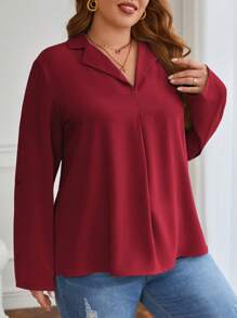 SHEIN Frenchy Plus Roll Tab Sleeve Solid Blouse - Burgundy - View 4