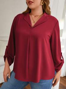 SHEIN Frenchy Plus Roll Tab Sleeve Solid Blouse - Burgundy - View 5
