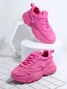 Zapatillas deportivas estilo minimalista con cordones al frente y suela gruesa, Y2K para mujeres - Rosa Fucsia - Ver 2
