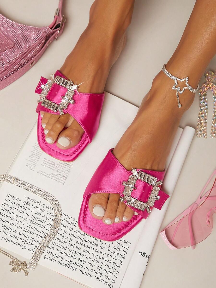 Xa ten Đồ trang trí Rhinestone Chóp giầy hình vuông Mặc vào Dép phẳng - Màu Hồng Tươi - Xem 1