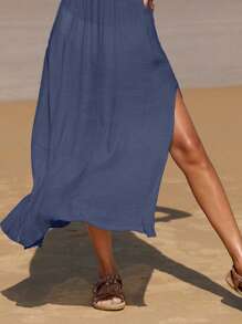 Swim Vcay 素色高衩深V領罩衫連衣裙 - 藏蓝色 - 查看 4