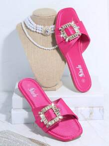 Xa ten Đồ trang trí Rhinestone Chóp giầy hình vuông Mặc vào Dép phẳng - Màu Hồng Tươi - Xem 2
