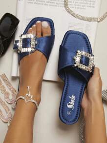 Xa ten Chóp giầy hình vuông Được trang sức Chi tiết Mặc vào Dép phẳng - Màu xanh hải quân - Xem 3