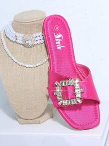 Xa ten Đồ trang trí Rhinestone Chóp giầy hình vuông Mặc vào Dép phẳng - Màu Hồng Tươi - Xem 4