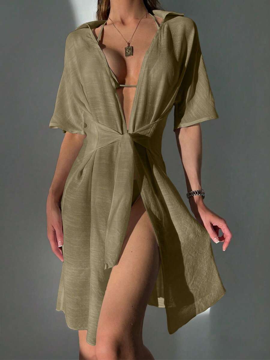 Solid Knot Front Kimono - Khaki - View 1