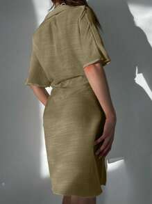 Solid Knot Front Kimono - Khaki - View 2