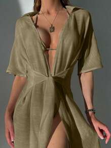 Solid Knot Front Kimono - Khaki - View 3