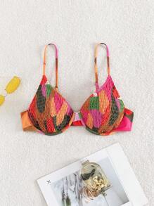 SHEIN Swim Top de bikini con aros con estampado todo sobre y con elástico fruncido para el verano