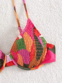 SHEIN Swim Top de bikini con aros con estampado todo sobre y con elástico fruncido para el verano