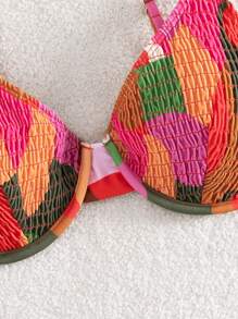 SHEIN Swim Top de bikini con aros con estampado todo sobre y con elástico fruncido para el verano