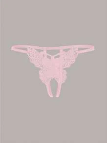 Butterfly Embroidery Mesh Thong - Pink - View 3
