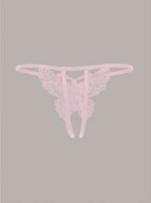 Butterfly Embroidery Mesh Thong - Pink - View 4
