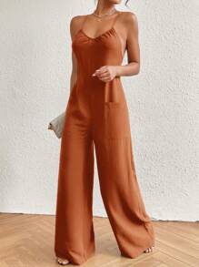 SHEIN VCAY Summer Beach Dual Pocket Wide Leg Cami Jumpsuit