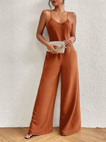 SHEIN VCAY Summer Beach Dual Pocket Wide Leg Cami Jumpsuit