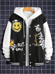 Manfinity RebelGame Oversized Men's Cartoon & Letter Print Drop Shoulder Varsity Jacket Without Hoodie - Black and White - View 1