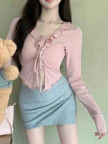 DAZY Valentine's Day Pink Drawstring Long Sleeve T-Shirt For Women,Ruffle