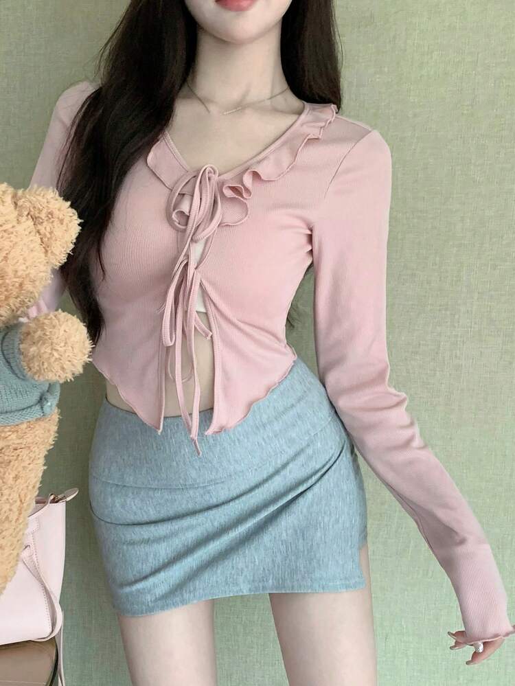 Valentine's Day Pink Drawstring Long Sleeve T-Shirt For Women,Ruffle Going Out Tops Women