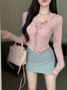 DAZY Valentine's Day Pink Drawstring Long Sleeve T-Shirt For Women,Ruffle