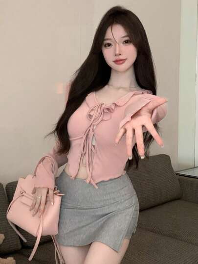 DAZY 情人节粉色抽绳长袖T恤，荷叶边外出上衣