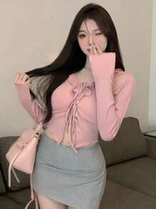 DAZY Valentine's Day Pink Drawstring Long Sleeve T-Shirt For Women,Ruffle