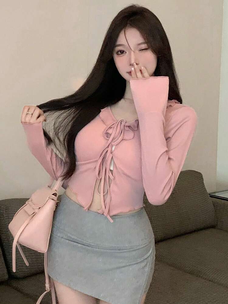 Valentine's Day Pink Drawstring Long Sleeve T-Shirt For Women,Ruffle Going Out Tops Women