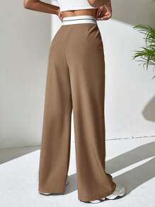 SHEIN EZwear 雙色褶皺細節長褲 - 駝色 - 查看 2