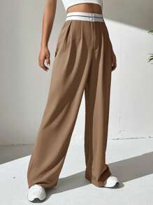 SHEIN EZwear 雙色褶皺細節長褲 - 駝色 - 查看 4