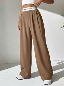 SHEIN EZwear 雙色褶皺細節長褲 - 駝色 - 查看 5