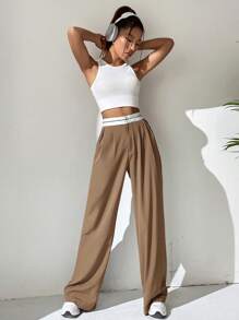 SHEIN EZwear 雙色褶皺細節長褲 - 駝色 - 查看 6