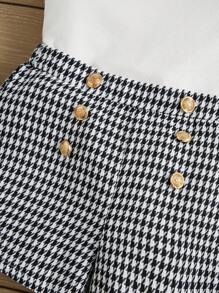 SHEIN 女大童千鳥格印花西裝領西裝外套&雙排釦短褲&T恤 - 黑與白 - 查看 4