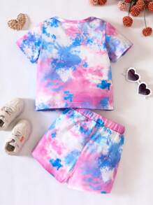 SHEIN 女嬰紮染人像圖案T恤和短褲 - 彩色 - 查看 2